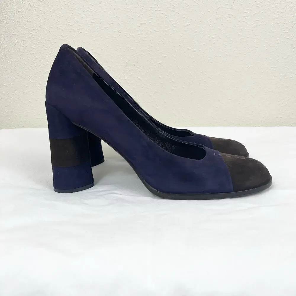 Prada Suede Colorblock Block Heels Womens Size 37.5 US 7.5 Purple Brown - Picture 2 of 7